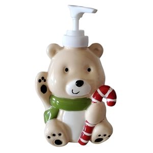 Holiday Teddy bear with candy cane soap dispenser